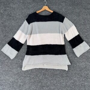 Macaron Womens‎ S Striped Fuzzy Knit Sweater Colorblock Pullover Y2K Cozy Chic
